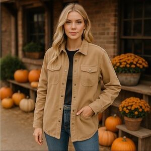 Women’s Khaki Corduroy Shacket L Snap Front Jacket Western Casual Oversized